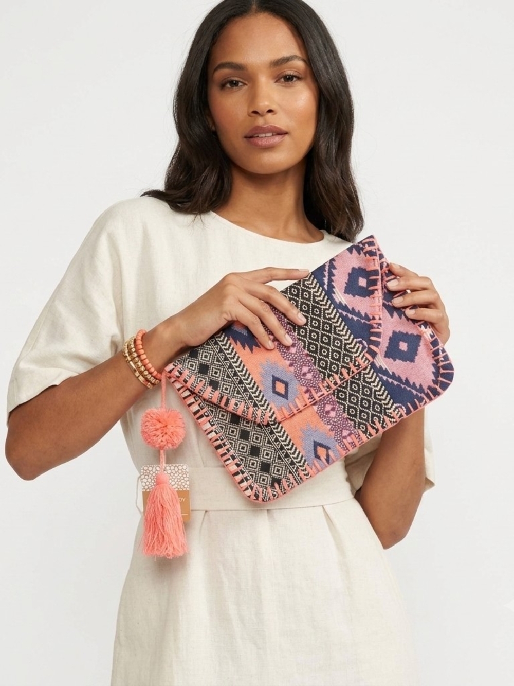 Cynthia Rowley NWT Aztec Woven Envelope Clutch Pom Pom Tassel
